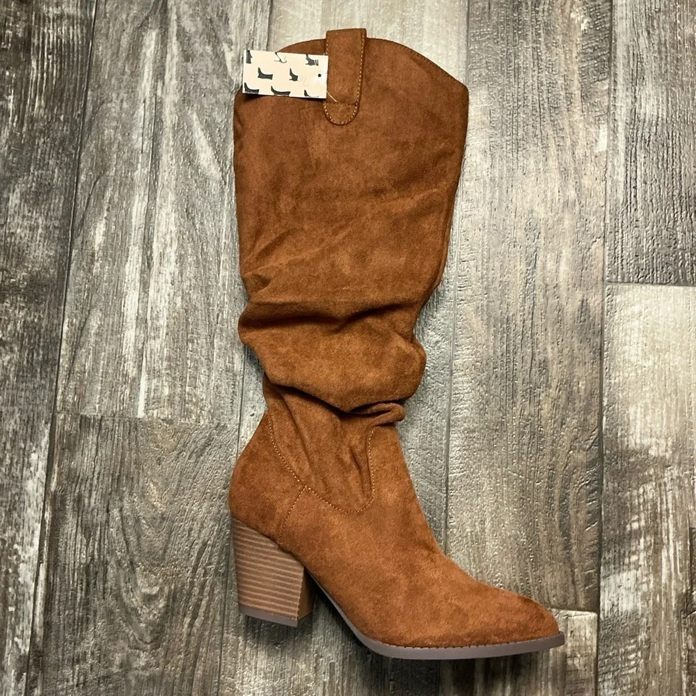 Women's Slouchy Mid-Calf Tan Faux Suede Boot Size 7